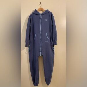 Onepiece Blue Footies Jumpsuit with Hood and Ribbed Cuffs . Size L. Unisex model